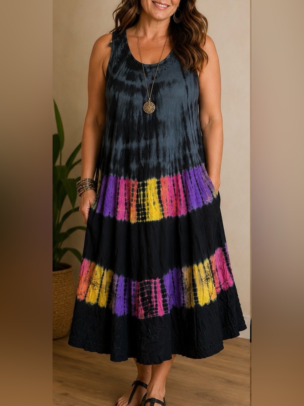 India Boutique Tie-Dyed Embroidered Sleeveless Boho MIDI Dress 100%